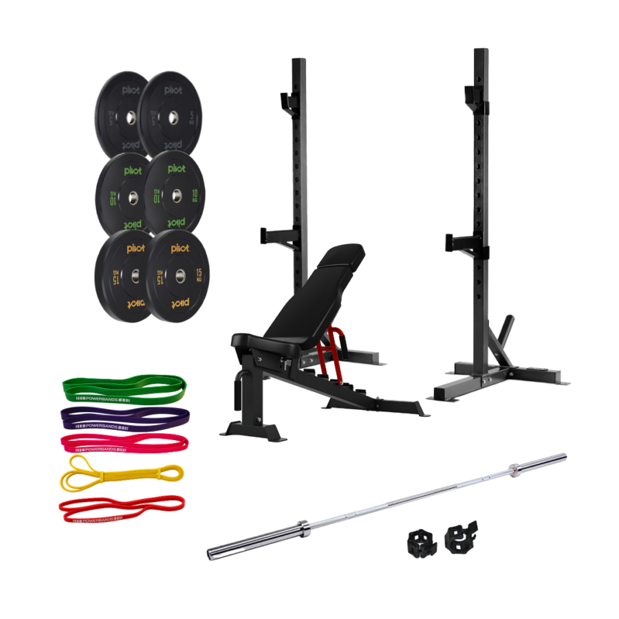 En fristående skivstångsställning, en ställbar träningsbänk, en skivstång med jaw locks, 6 st svarta bumper plates och 5 st gummiband