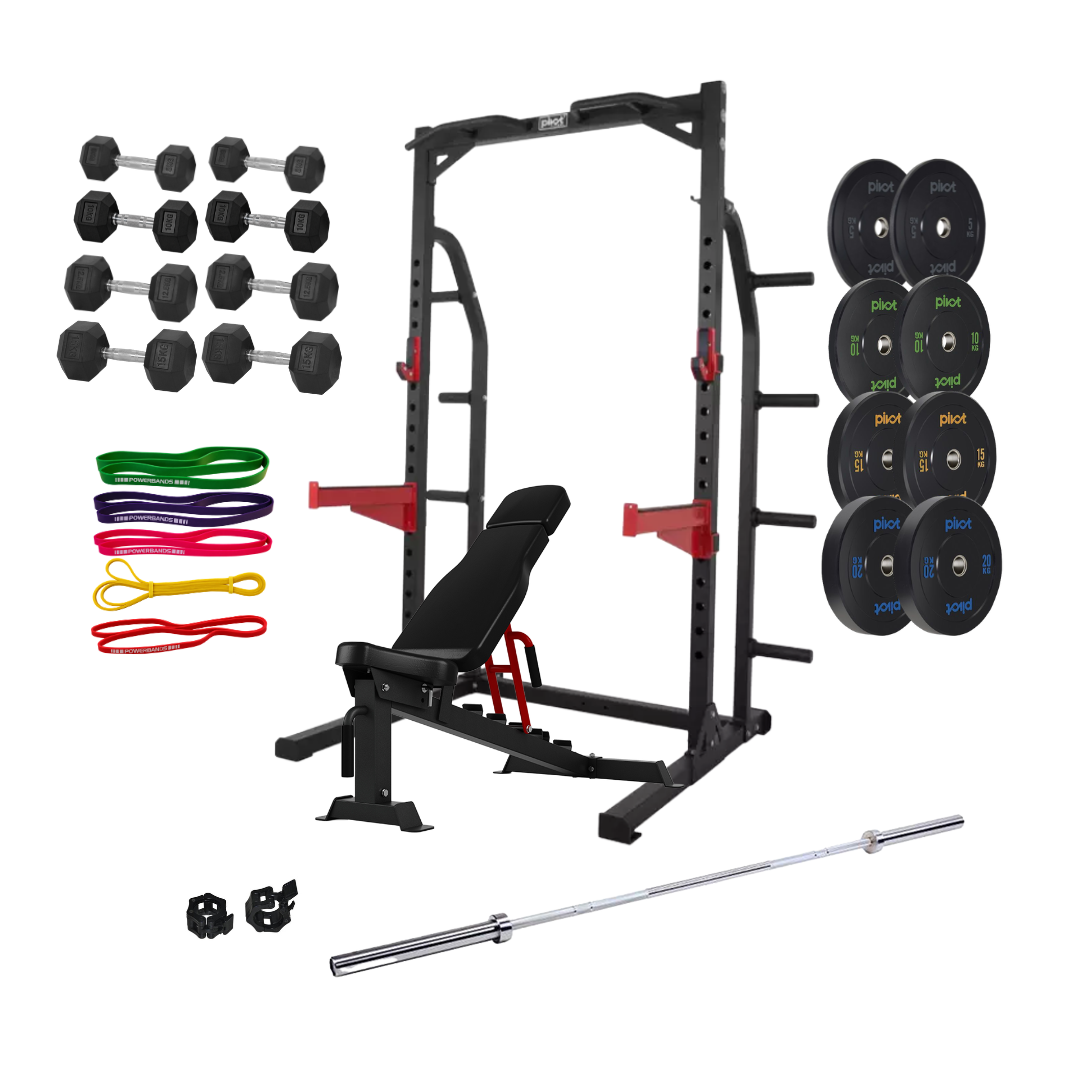 Ett fristående half rack, 3 par bumper plates, 5 st gummiband, 4 par hexhantlar, en träningsbänk, en skivstång och jaw locks