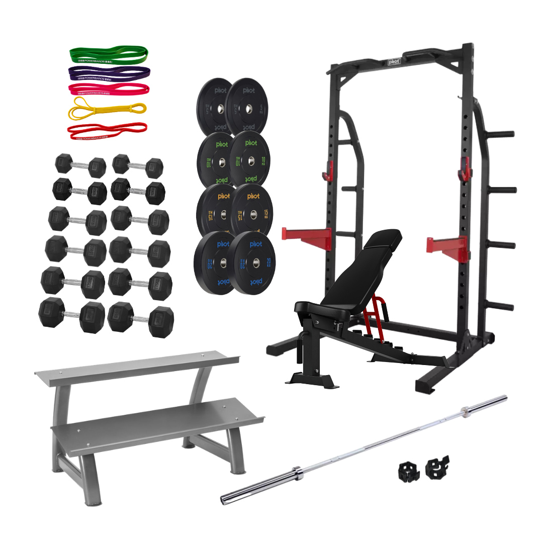 Ett fristående half rack, 3 par bumper plates, 5 st gummiband, 6 par hexhantlar, ett silverfärgat hantelställ med två hyllor, en träningsbänk, en skivstång och jaw locks