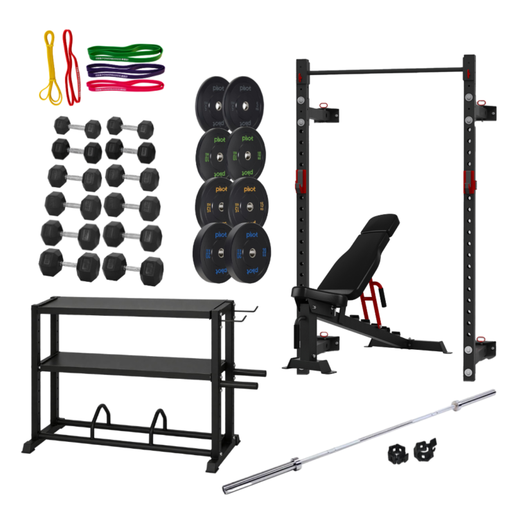 En väggmonterad skivstångsställning, 3 par bumper plates, 5 st gummiband, 6 par hexhantlar, ett svart förvaringsställ, en träningsbänk, en skivstång och jaw locks