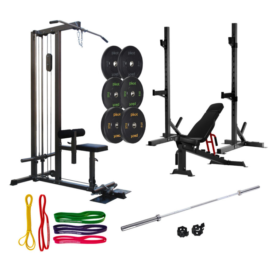 En latsdrag-maskin, 6 st svarta bumper plates, en skivstångsställning med träningsbänk, en skivstång med jaw locks och ett antal gummiband