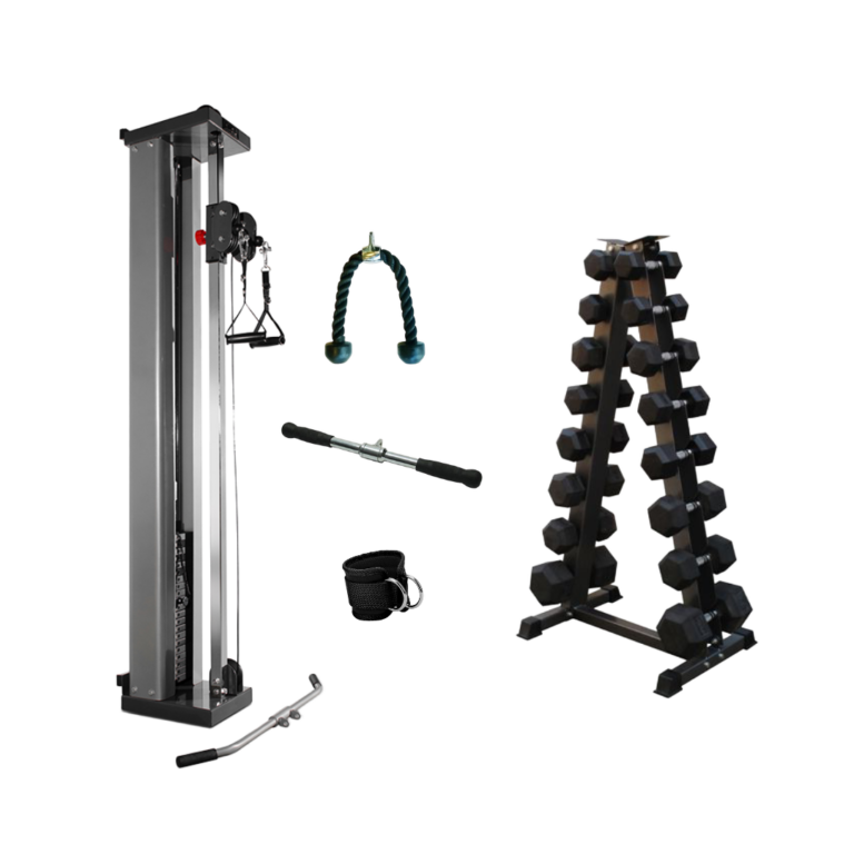 En vägghängd kabelmaskin med latsstång, tricepsrep, 50 cm rak stång och ankelrem samt ett triangelformat hantelställ med 8 par hantlar